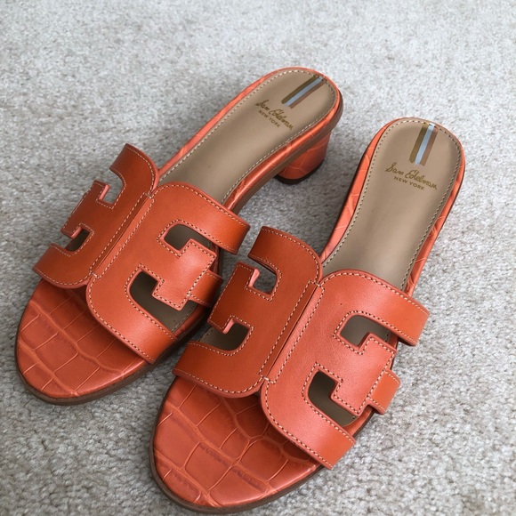 Sam Edelman Winslow Sandals size 9 Orange Leather Heels Mules Coral NEW - Picture 2 of 6